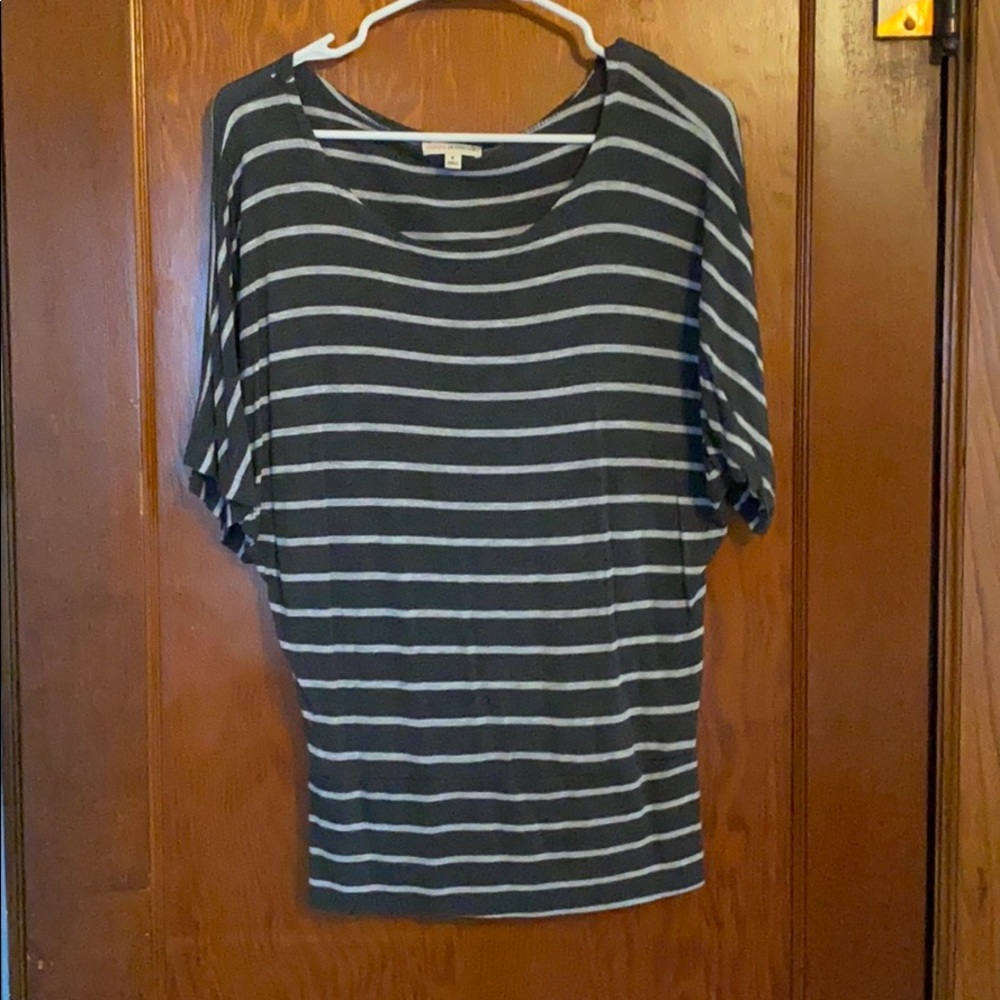 Gray and white striped short sleeve blouse